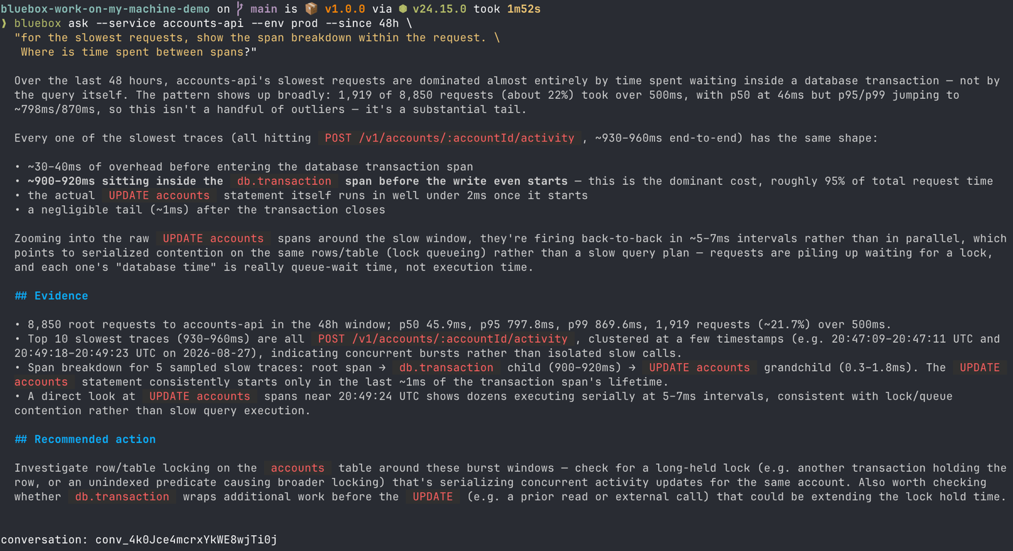 Span breakdown showing queue-wait vs execution time
